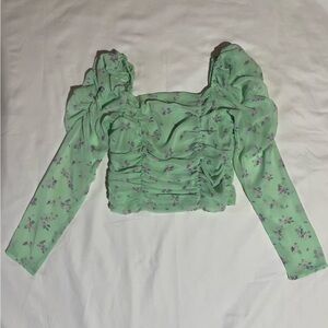 Divided Green Blouse Soft Floral Pattern